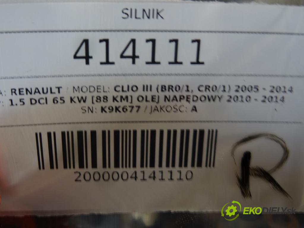 RENAULT CLIO III (BR0/1, CR0/1) 2005 - 2014    1.5 dCi 65 kW [88 KM] olej napędowy 2010 - 2014  Motor K9K677 (Motory (kompletné))