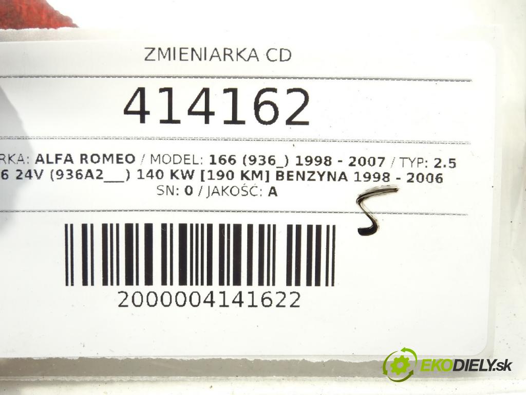 ALFA ROMEO 166 (936_) 1998 - 2007    2.5 V6 24V (936A2___) 140 kW [190 KM] benzyna 1998  Menič CD 60670601 (CD meniče)