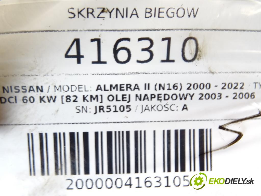 NISSAN ALMERA II (N16) 2000 - 2022    1.5 dCi 60 kW [82 KM] olej napędowy 2003 - 2006  Prevodovka JR5105 (Prevodovky)