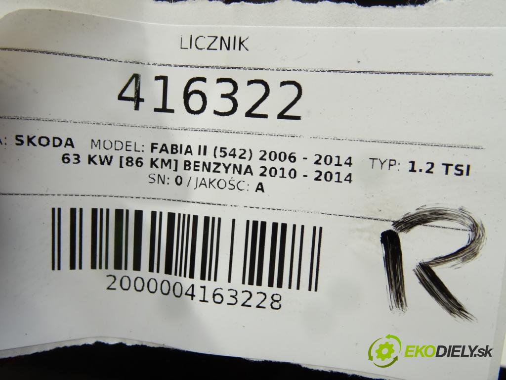 SKODA FABIA II (542) 2006 - 2014    1.2 TSI 63 kW [86 KM] benzyna 2010 - 2014  Prístrojovka 5J0920811E (Prístrojové dosky, displeje)