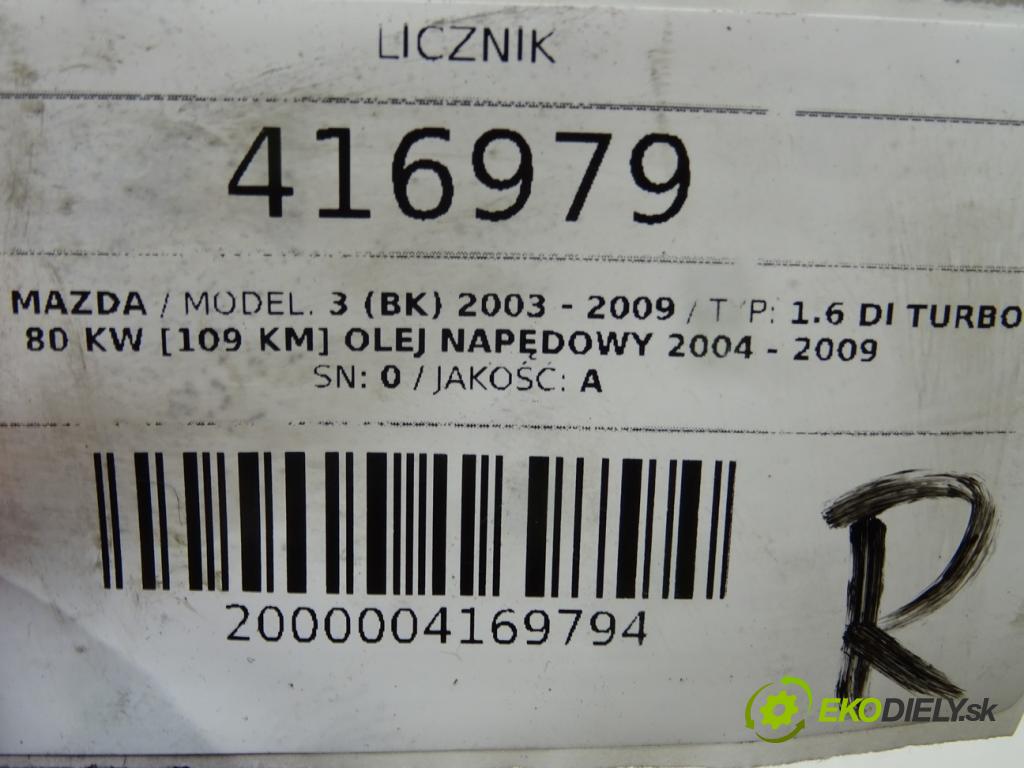 MAZDA 3 (BK) 2003 - 2009    1.6 DI Turbo 80 kW [109 KM] olej napędowy 2004 - 2  Prístrojovka 4TBN9JB (Prístrojové dosky, displeje)