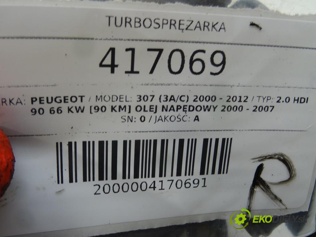 PEUGEOT 307 (3A/C) 2000 - 2012    2.0 HDi 90 66 kW [90 KM] olej napędowy 2000 - 2007  Turbodúchadlo,turbo 9633382380 (Turbodúchadlá (kompletné))