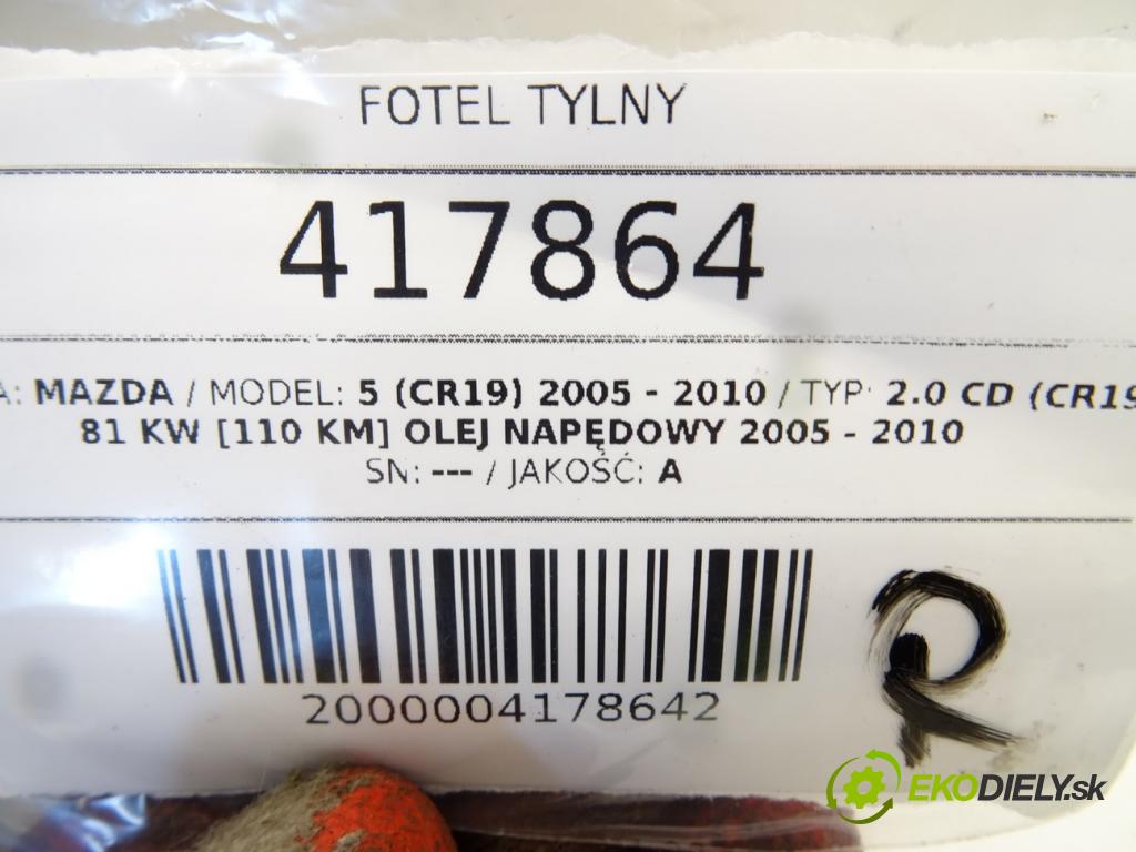 MAZDA 5 (CR19) 2005 - 2010    2.0 CD (CR19) 81 kW [110 KM] olej napędowy 2005 -   Sedadlo zadný druhý RIADOK:  (Sedačky, sedadlá)