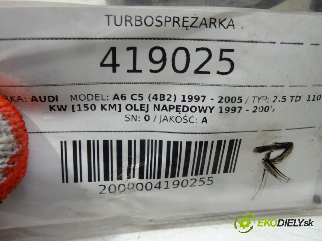 AUDI A6 C5 (4B2) 1997 - 2005    2.5 TDI 110 kW [150 KM] olej napędowy 1997 - 2005  Turbodúchadlo,turbo 059145701S (Turbodúchadlá (kompletné))