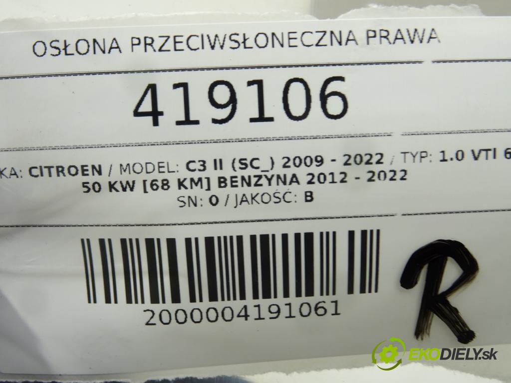 CITROEN C3 II (SC_) 2009 - 2022    1.0 VTi 68 50 kW [68 KM] benzyna 2012 - 2022  Clona slnečná pravá  (Ostatné)