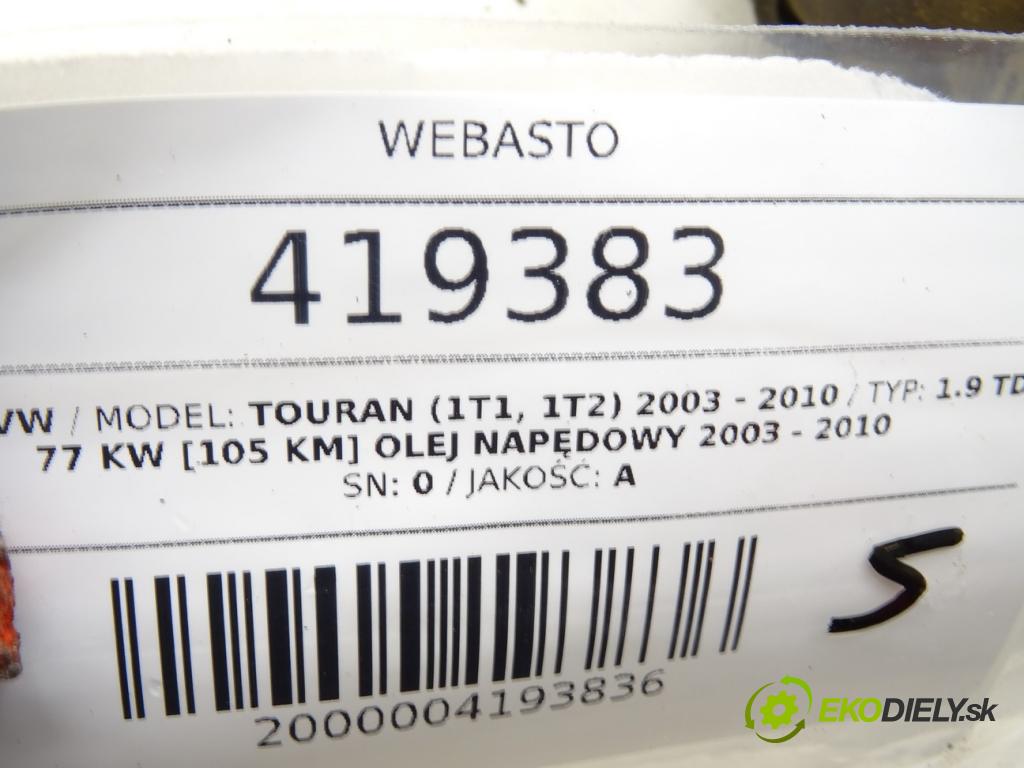 VW TOURAN (1T1, 1T2) 2003 - 2010    1.9 TDI 77 kW [105 KM] olej napędowy 2003 - 2010  Webasto THERMO TOP V (Webasto)