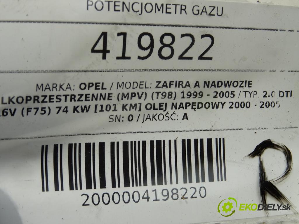 OPEL ZAFIRA A nadwozie wielkoprzestrzenne (MPV) (T98) 1999 - 2005    2.0 DTI 16V (F75) 74 kW [101 KM] olej napędowy 200  Potenciometer plynového pedálu 9202341 (Pedále)