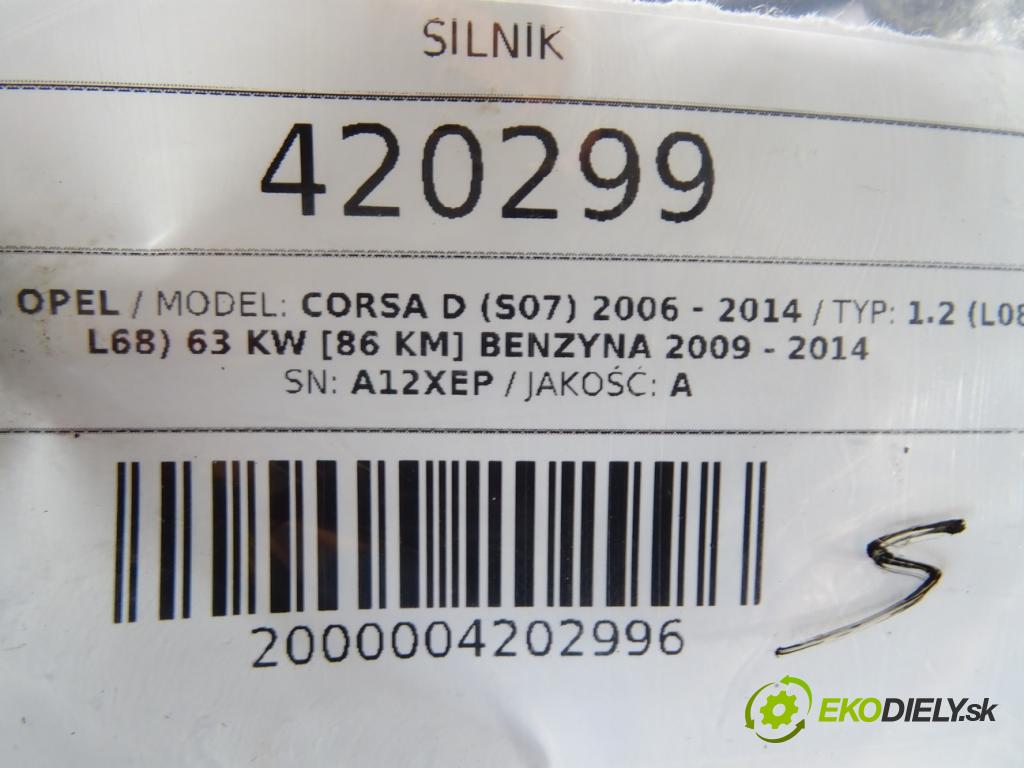 OPEL CORSA D (S07) 2006 - 2014    1.2 (L08, L68) 63 kW [86 KM] benzyna 2009 - 2014  Motor A12XEP (Motory (kompletné))
