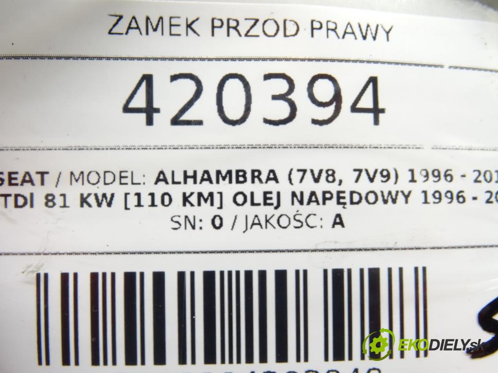 SEAT ALHAMBRA (7V8, 7V9) 1996 - 2010    1.9 TDI 81 kW [110 KM] olej napędowy 1996 - 2000  zámok přední část pravý