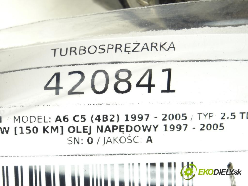 AUDI A6 C5 (4B2) 1997 - 2005    2.5 TDI 110 kW [150 KM] olej napędowy 1997 - 2005  Turbodúchadlo,turbo 059145701C (Turbodúchadlá (kompletné))