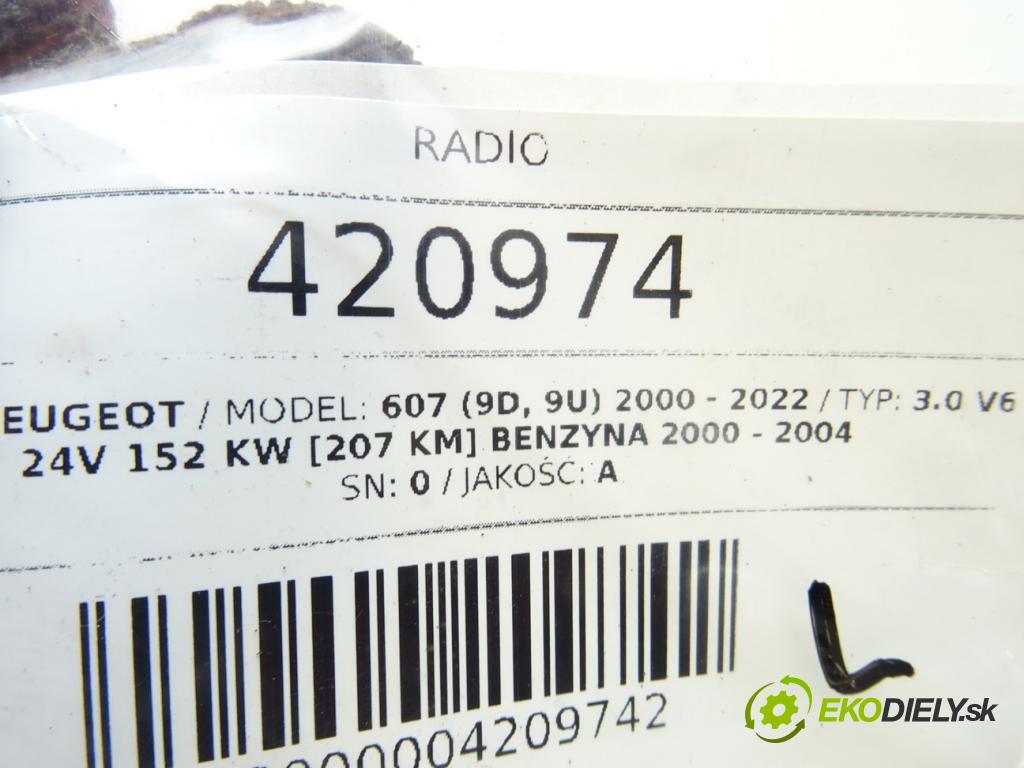 PEUGEOT 607 (9D, 9U) 2000 - 2022    3.0 V6 24V 152 kW [207 KM] benzyna 2000 - 2004  RADIO 96426673GV (Audio zariadenia)