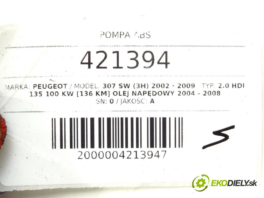 PEUGEOT 307 SW (3H) 2002 - 2009    2.0 HDi 135 100 kW [136 KM] olej napędowy 2004 - 2  Pumpa ABS 0265950368 (Pumpy ABS)