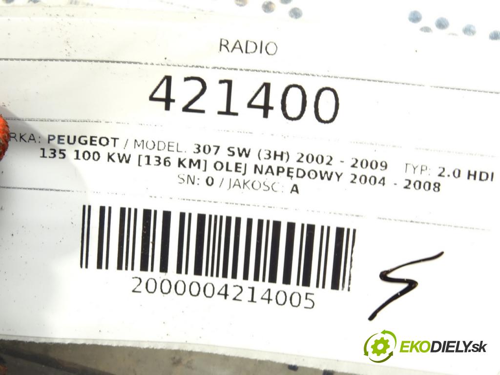 PEUGEOT 307 SW (3H) 2002 - 2009    2.0 HDi 135 100 kW [136 KM] olej napędowy 2004 - 2  RADIO 96556952XT (Audio zařízení)