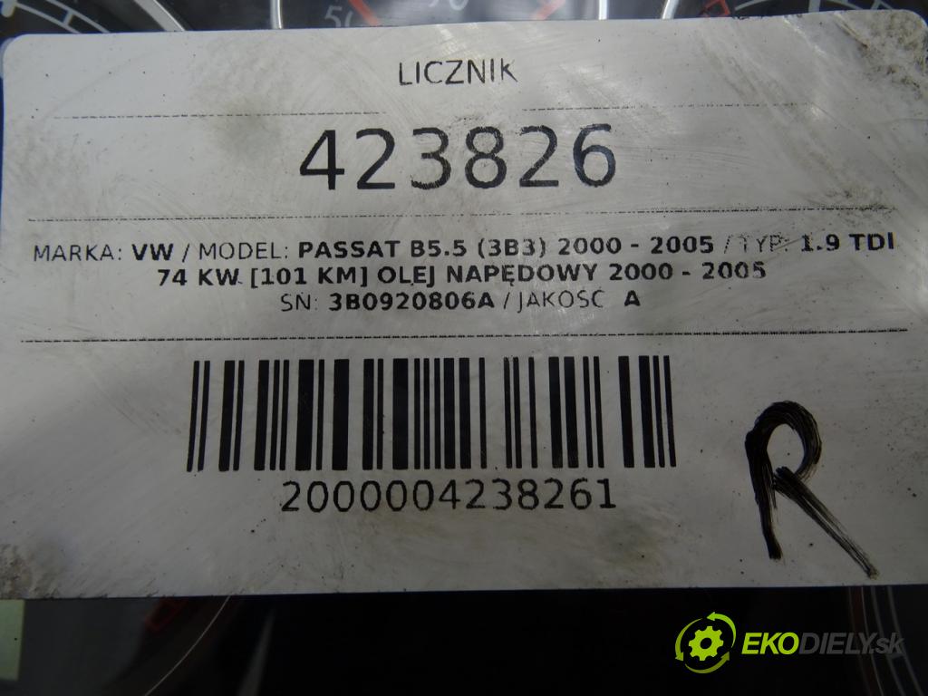 VW PASSAT B5.5 (3B3) 2000 - 2005    1.9 TDI 74 kW [101 KM] olej napędowy 2000 - 2005  Prístrojovka 3B0920806A (Prístrojové dosky, displeje)