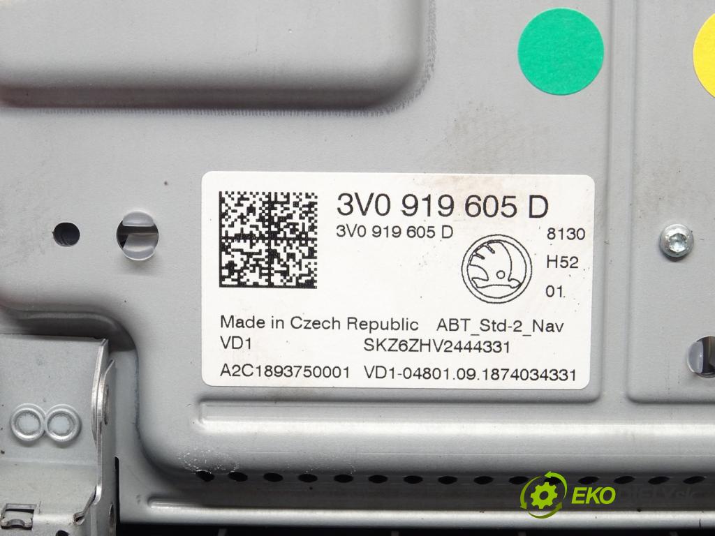 SKODA SUPERB III (3V3) 2015 - 2022    2.0 TDI 140 kW [190 KM] olej napędowy 2015 - 2022  RADIO Navigácia 3V0919605D (Audio zariadenia)