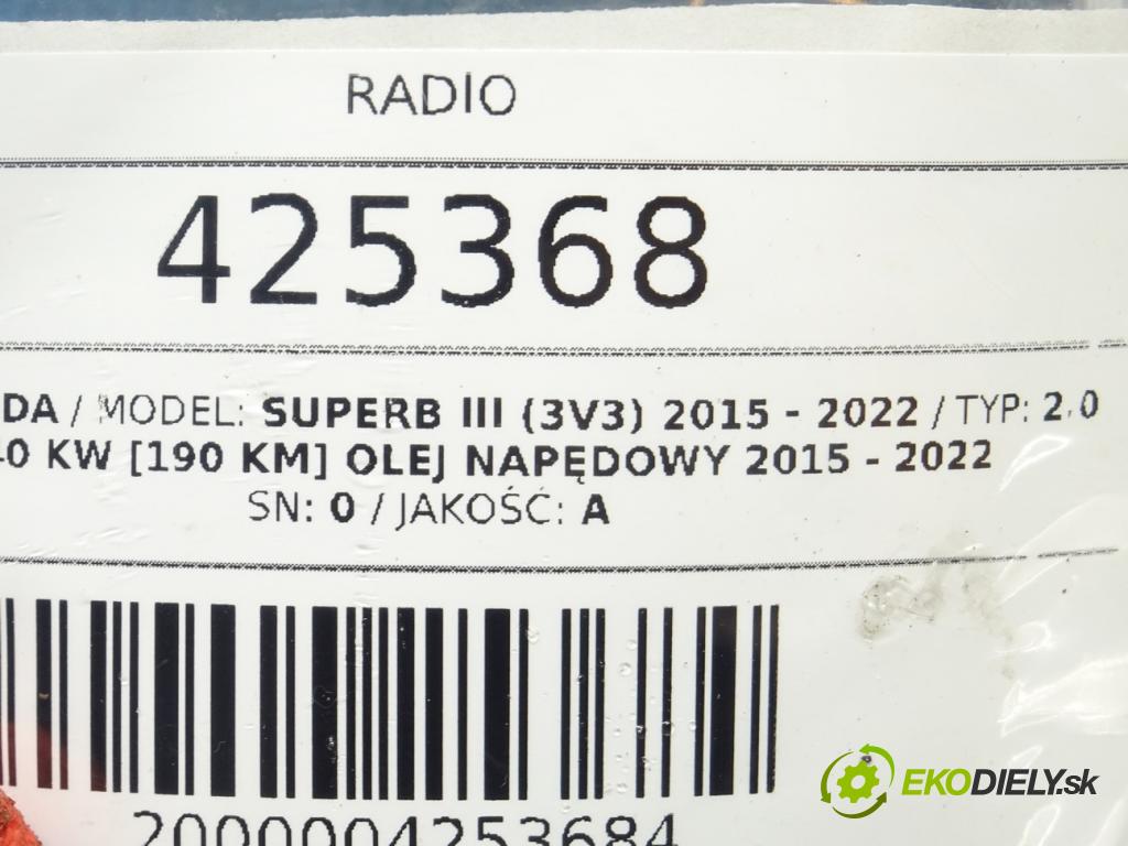 SKODA SUPERB III (3V3) 2015 - 2022    2.0 TDI 140 kW [190 KM] olej napędowy 2015 - 2022  RADIO Navigácia 3V0919605D (Audio zariadenia)