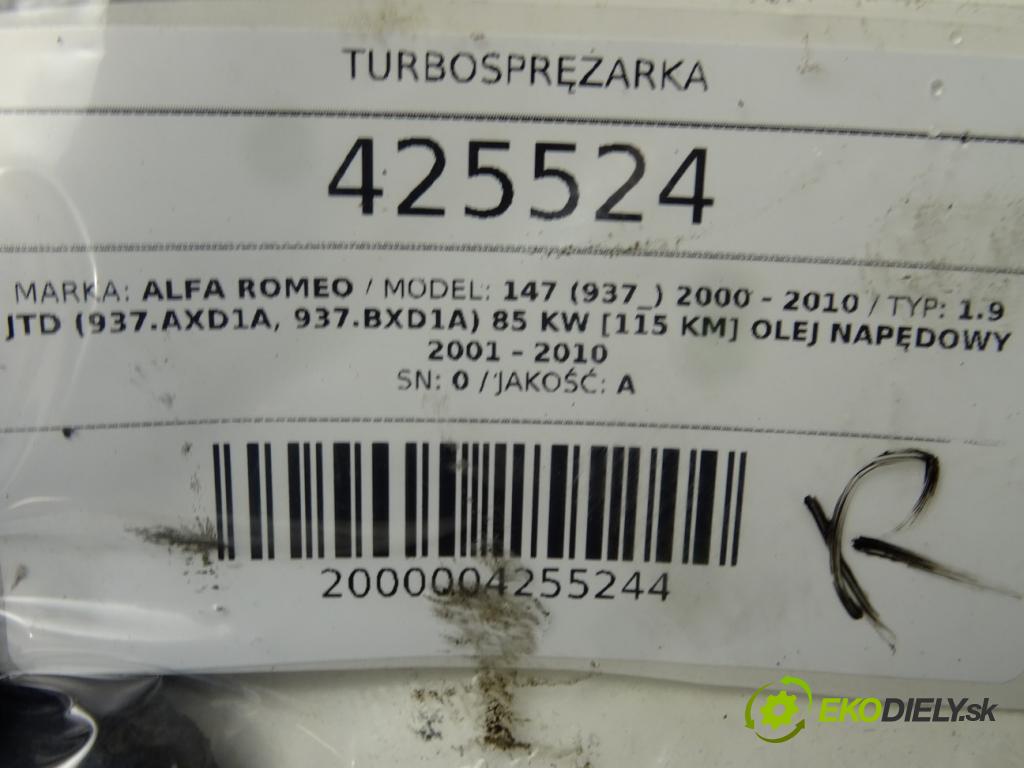 ALFA ROMEO 147 (937_) 2000 - 2010    1.9 JTD (937.AXD1A, 937.BXD1A) 85 kW [115 KM] olej  Turbodúchadlo,turbo  (Turbodúchadlá (kompletné))