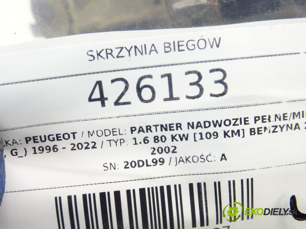 PEUGEOT PARTNER Nadwozie pełne/minivan (5_, G_) 1996 - 2022    1.6 80 kW [109 KM] benzyna 2000 - 2002  Prevodovka 20DL99 (Prevodovky)