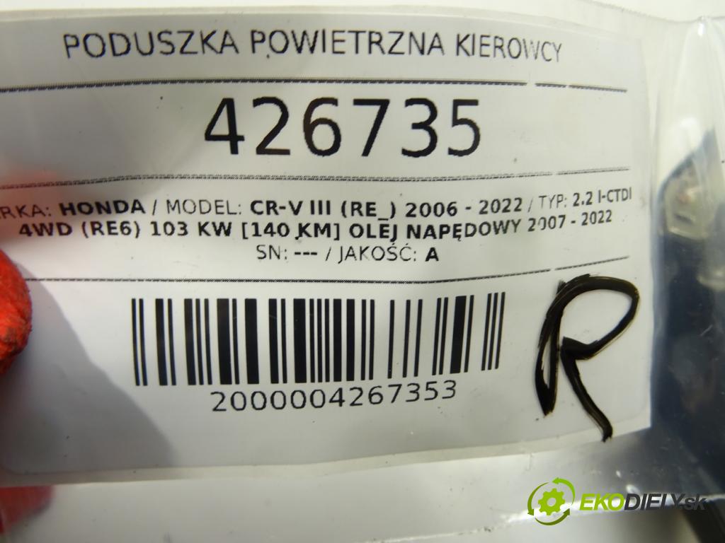 HONDA CR-V III (RE_) 2006 - 2022    2.2 i-CTDi 4WD (RE6) 103 kW [140 KM] olej napędowy  AirBag volantu 77800-SWW-G810-M1 (Airbagy)
