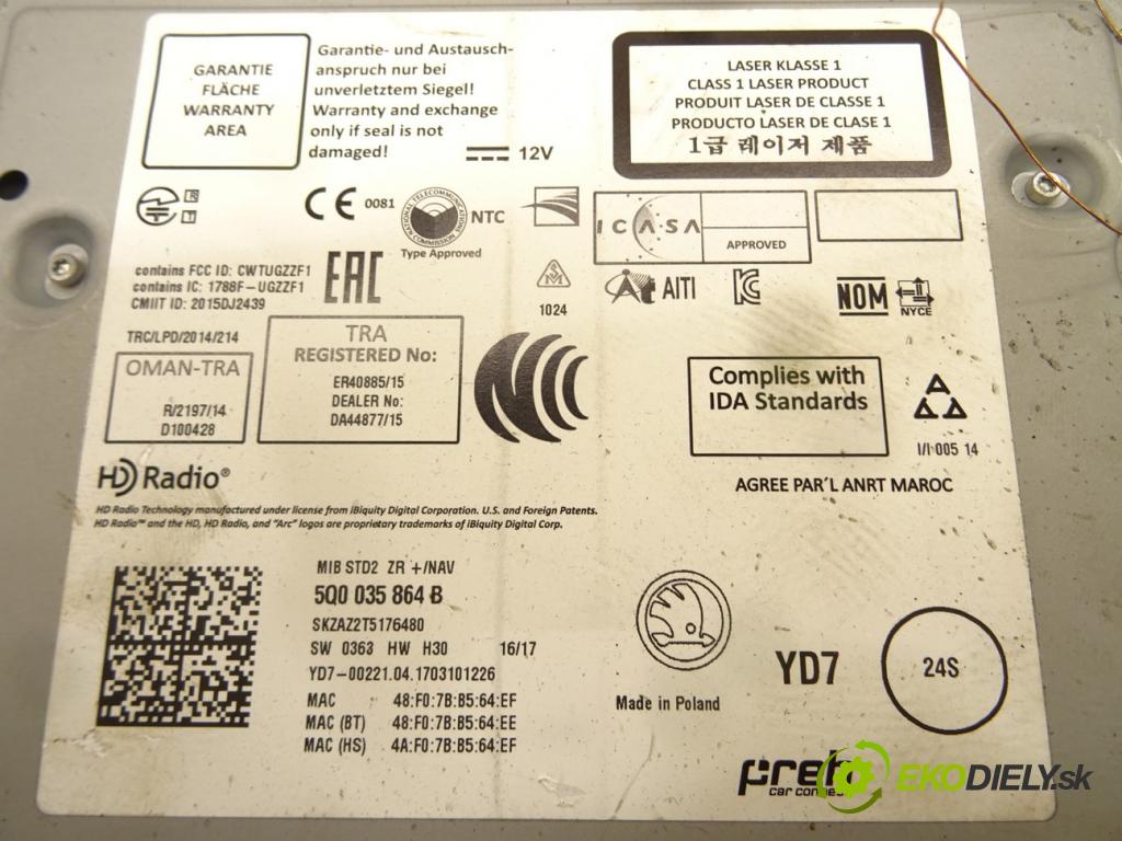 SKODA OCTAVIA III Combi (5E5, 5E6) 2012 - 2022    2.0 TDI RS 135 kW [184 KM] olej napędowy 2013 - 20  CZYTNIK MULTIMEDIALNY: 5Q0035864B