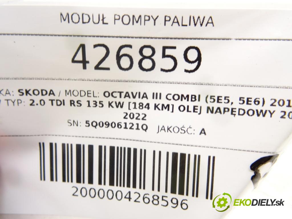 SKODA OCTAVIA III Combi (5E5, 5E6) 2012 - 2022    2.0 TDI RS 135 kW [184 KM] olej napędowy 2013 - 20  Modul pumpy paliva 5Q0906121Q