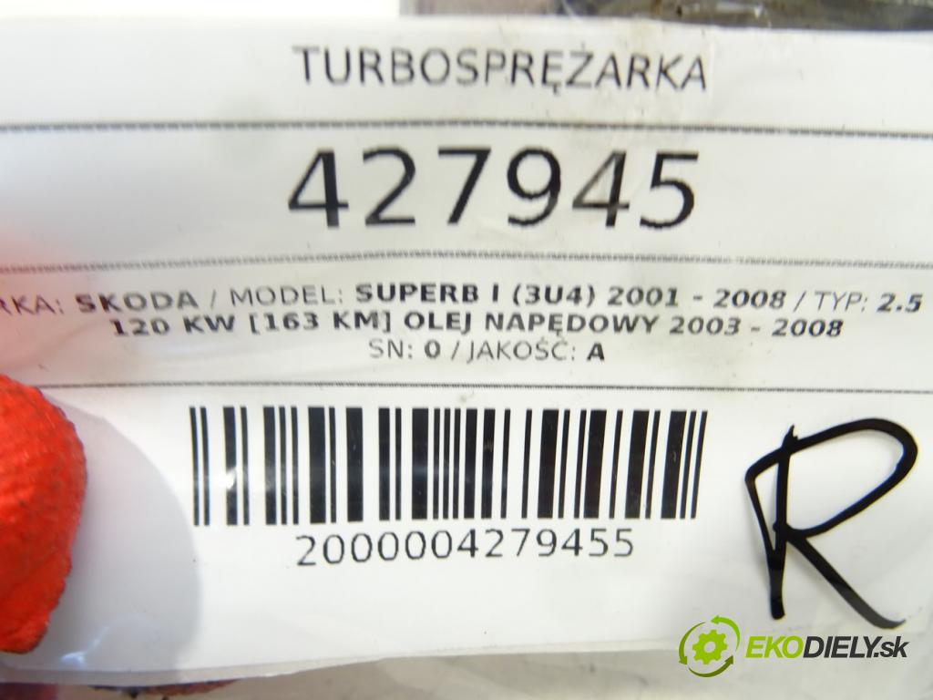 SKODA SUPERB I (3U4) 2001 - 2008    2.5 TDI 120 kW [163 KM] olej napędowy 2003 - 2008  Turbodúchadlo,turbo 059145701S (Turbodúchadlá (kompletné))