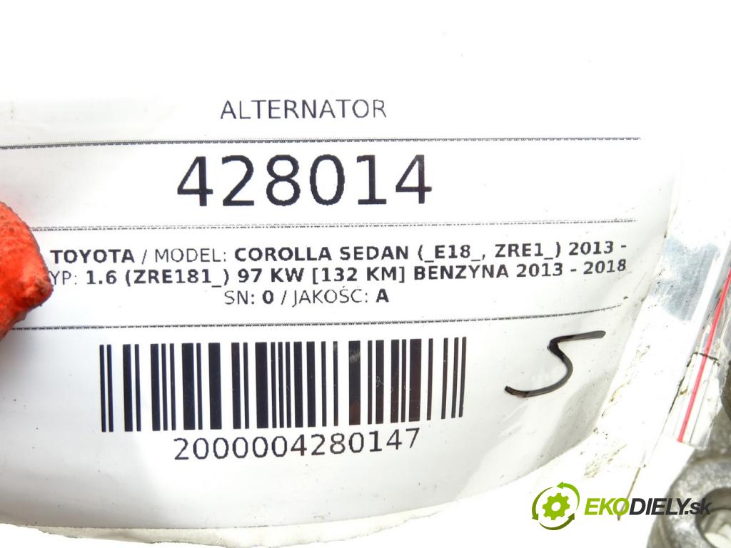 TOYOTA COROLLA sedan (_E18_, ZRE1_) 2013 - 2019    1.6 (ZRE181_) 97 kW [132 KM] benzyna 2013 - 2018  Alternátor 27060-0T360 (Alternátory)
