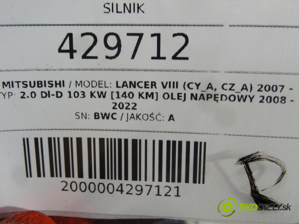 MITSUBISHI LANCER VIII (CY_A, CZ_A) 2007 - 2022    2.0 DI-D 103 kW [140 KM] olej napędowy 2008 - 2022  Motor BWC (Motory (kompletné))