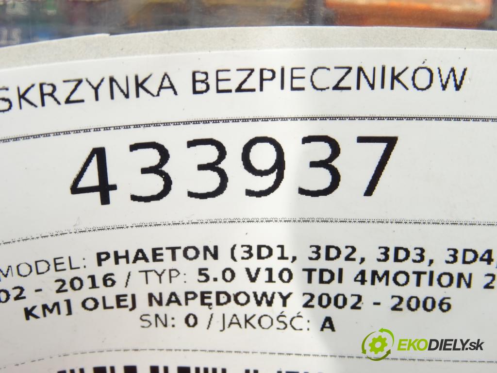VW PHAETON (3D1, 3D2, 3D3, 3D4, 3D6, 3D7, 3D8, 3D9) 2002 - 2016    5.0 V10 TDI 4motion 230 kW [313 KM] olej napędowy   skříňka poistková 3D0937499B (Pojistkové skříňky)