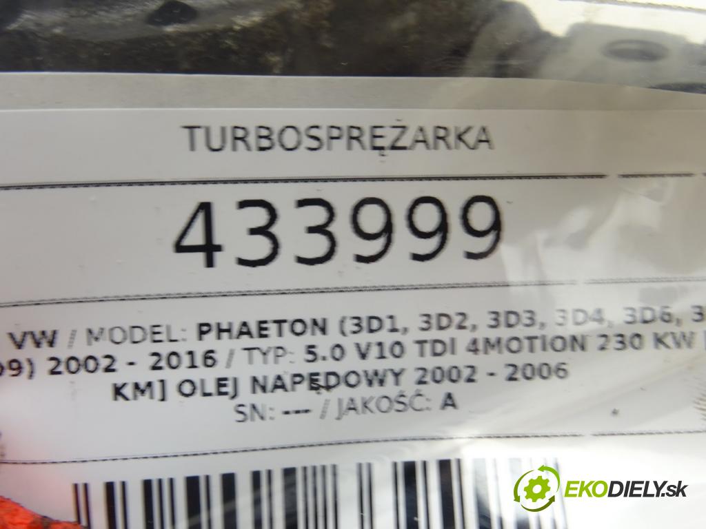 VW PHAETON (3D1, 3D2, 3D3, 3D4, 3D6, 3D7, 3D8, 3D9) 2002 - 2016    5.0 V10 TDI 4motion 230 kW [313 KM] olej napędowy   Turbodúchadlo,turbo 07Z145874G (Turbodúchadlá (kompletné))