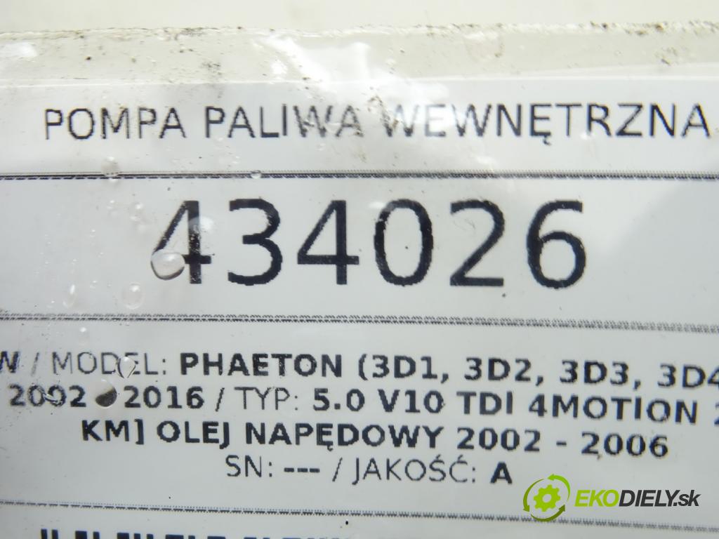 VW PHAETON (3D1, 3D2, 3D3, 3D4, 3D6, 3D7, 3D8, 3D9) 2002 - 2016    5.0 V10 TDI 4motion 230 kW [313 KM] olej napędowy   pumpa paliva vnitřní  (Palivové pumpy, čerpadla)
