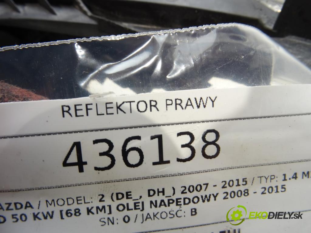 MAZDA 2 (DE_, DH_) 2007 - 2015    1.4 MZR-CD 50 kW [68 KM] olej napędowy 2008 - 2015  Svetlomet pravy  (Pravé)