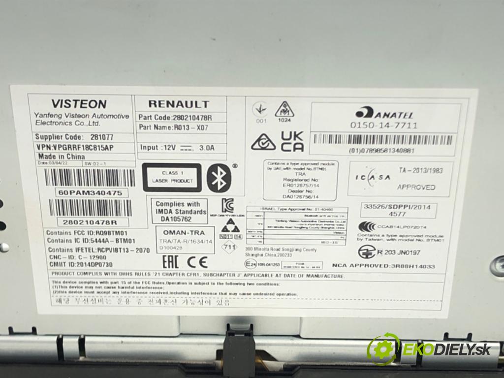 DACIA DUSTER (HM_) 2017 - 2022    1.0 TCe 90 67 kW [91 KM] benzyna 2021 - 2022  RADIO 280210478R (Audio zariadenia)