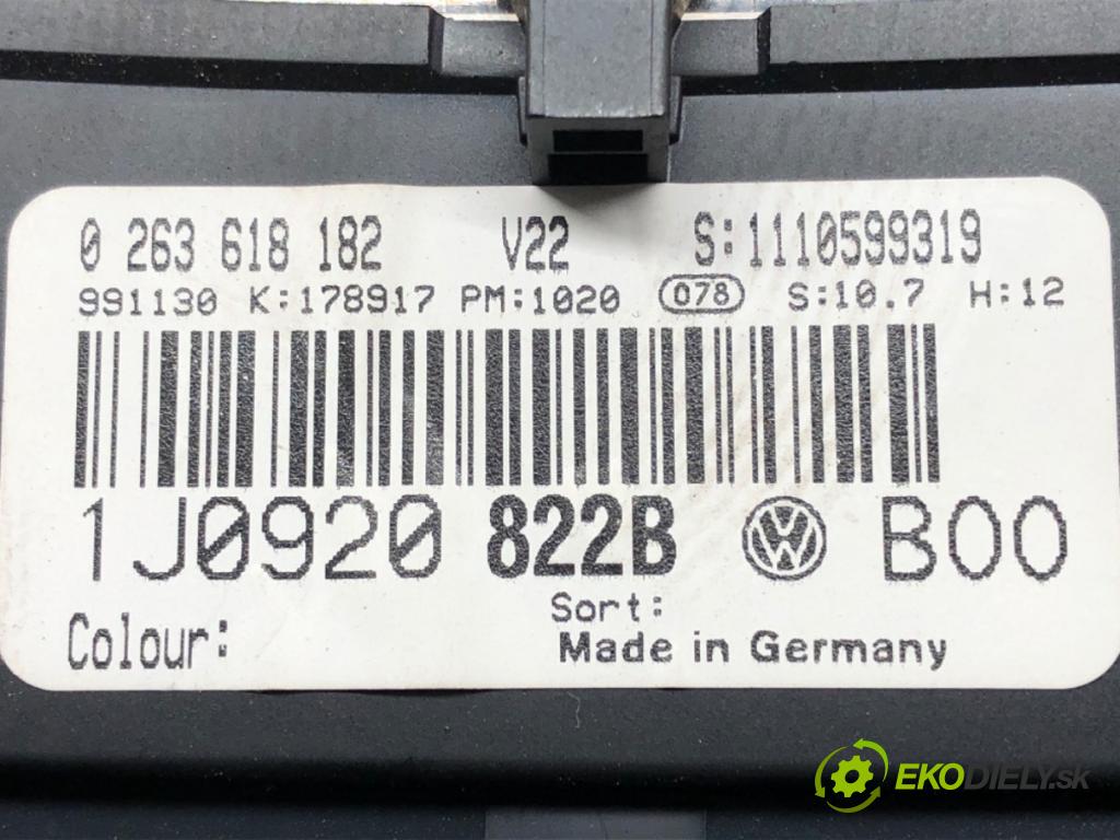 VW GOLF IV (1J1) 1997 - 2008    1.9 TDI 66 kW [90 KM] olej napędowy 1997 - 2004  Prístrojovka 1J0920822B (Prístrojové dosky, displeje)