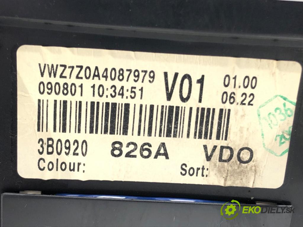 VW PASSAT B5.5 (3B3) 2000 - 2005    1.9 TDI 96 kW [130 KM] olej napędowy 2000 - 2005  Prístrojovka 3B0920826A (Prístrojové dosky, displeje)