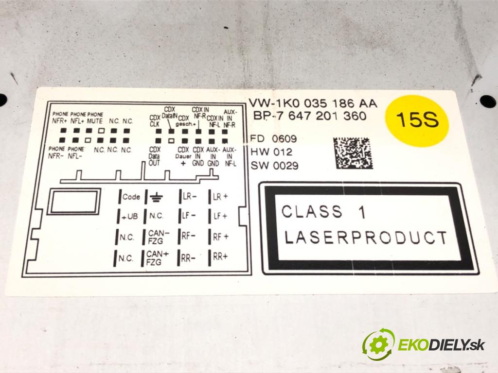 VW GOLF VI (5K1) 2008 - 2014    2.0 TDI 81 kW [110 KM] olej napędowy 2008 - 2012  RADIO 1K0035186AA (Audio zariadenia)