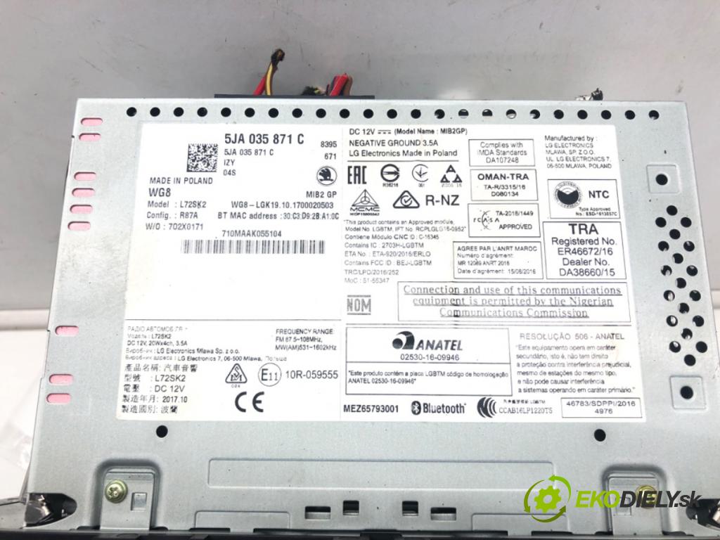SKODA RAPID (NH3, NK3, NK6) 2012 - 2022    1.6 TDI 85 kW [115 KM] olej napędowy 2015 - 2019  RADIO 5JA035871C (Audio zařízení)