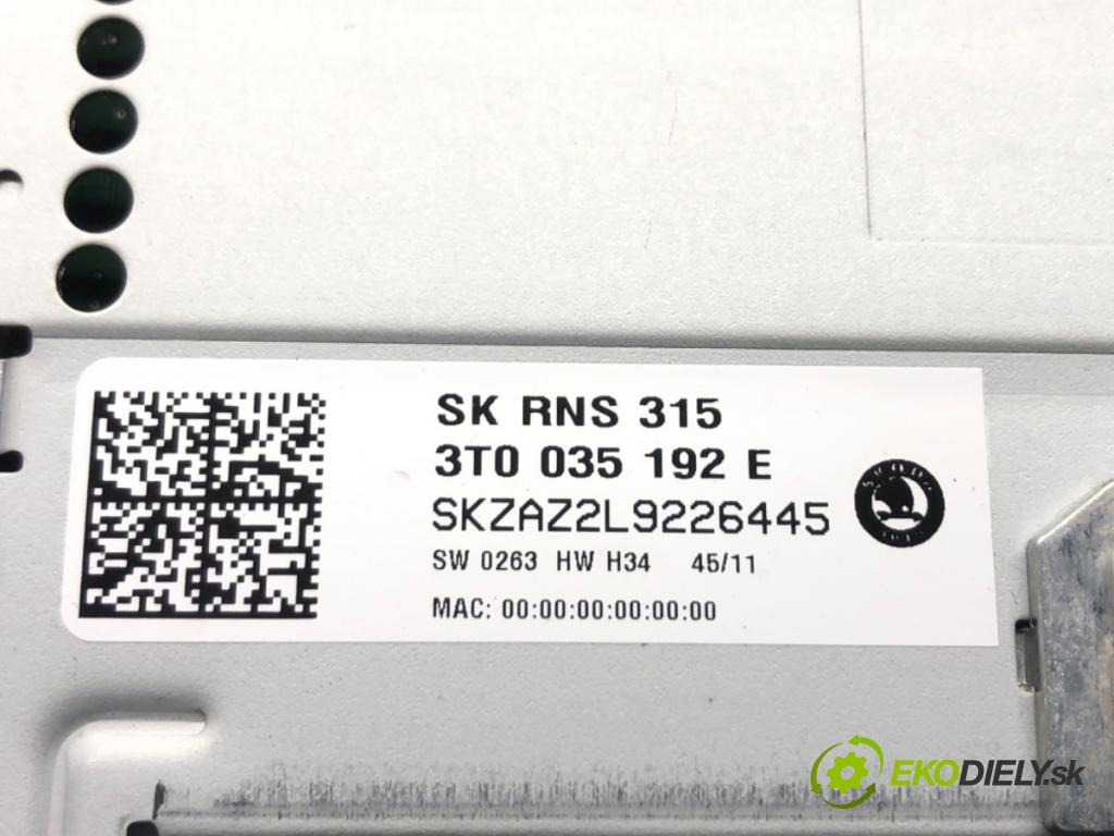SKODA SUPERB II Kombi (3T5) 2009 - 2015    2.0 TDI 103 kW [140 KM] olej napędowy 2009 - 2010  RADIO Navigácia 3T0035192E (Audio zariadenia)