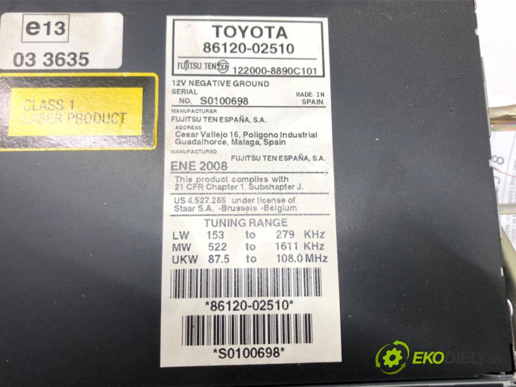 TOYOTA AURIS (_E15_) 2006 - 2012    1.4 D-4D (NDE150_) 66 kW [90 KM] olej napędowy 200  RADIO 86120-02510 (Audio zariadenia)