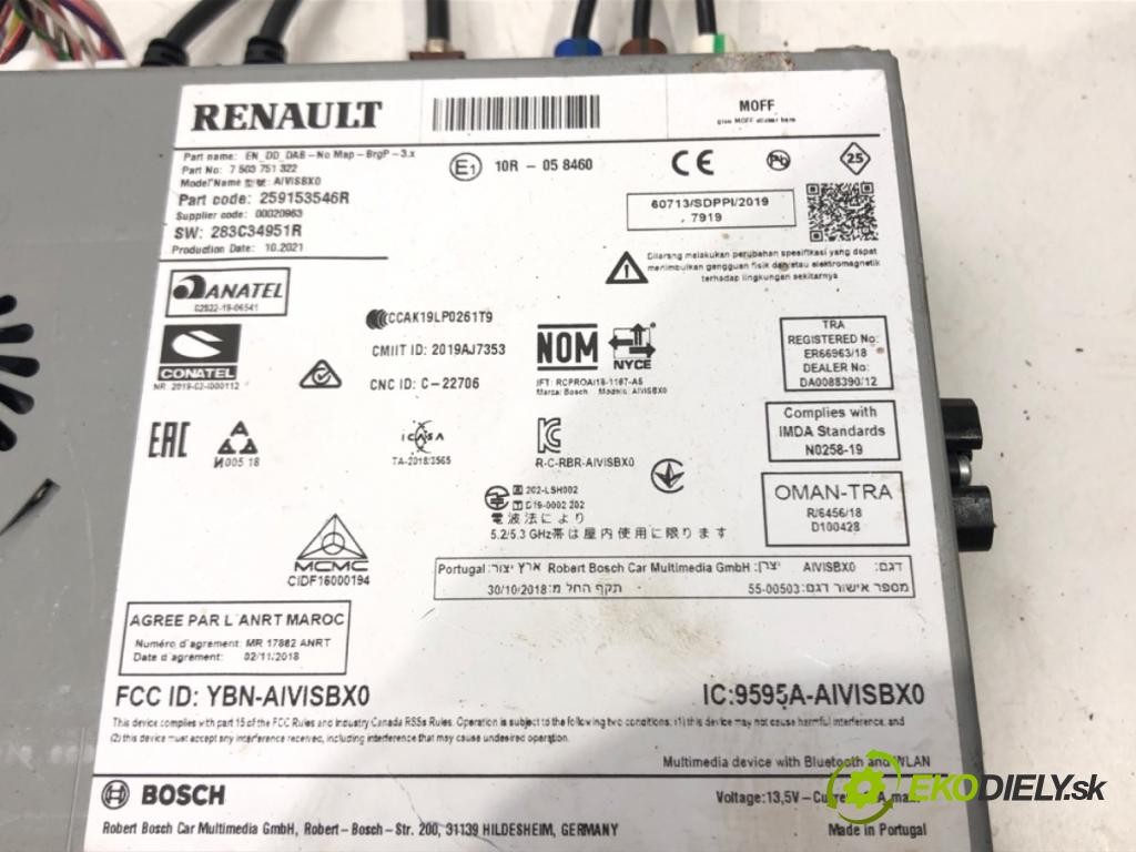 RENAULT CLIO V (B7_) 2019 - 2022    TCe 90 (B7MT) 67 kW [91 KM] benzyna 2020 - 2022  RADIO Navigácia 259153546R (Audio zariadenia)