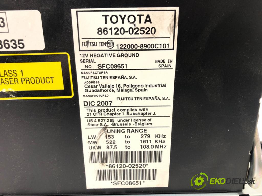 TOYOTA AURIS (_E15_) 2006 - 2012    1.6 (ZRE151_) 91 kW [124 KM] benzyna 2007 - 2012  RADIO 86120-02520 (Audio zariadenia)