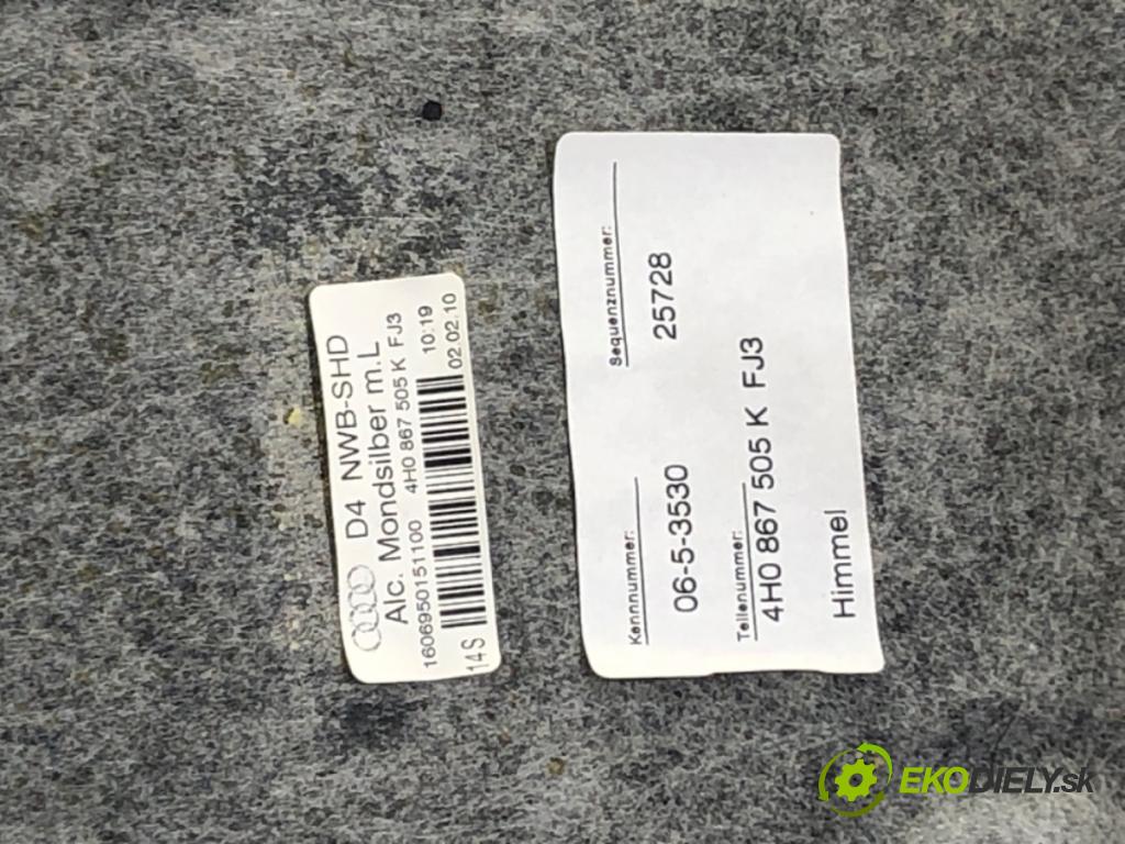 AUDI A8 D4 (4H2, 4H8, 4HC, 4HL) 2009 - 2018    4.2 FSI quattro 273 kW [371 KM] benzyna 2009 - 201  Stropný tapacír ALKANTARA: 4H0867505K