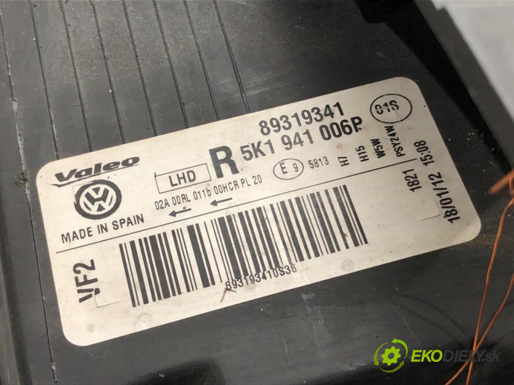 VW GOLF VI Variant (AJ5) 2009 - 2014    1.2 TSI 77 kW [105 KM] benzyna 2009 - 2013  Svetlomet pravy predný 5K1941006P