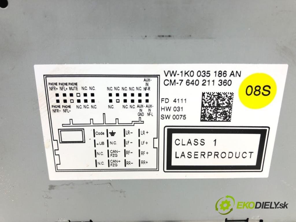 VW GOLF VI (5K1) 2008 - 2014    1.2 TSI 77 kW [105 KM] benzyna 2008 - 2012  RADIO 1K0035186AN (Audio zariadenia)