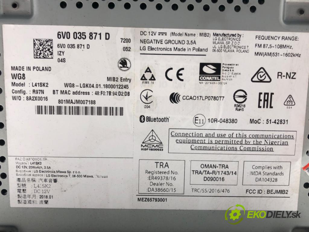SKODA FABIA III (NJ3) 2014 - 2022    1.0 TSI 70 kW [95 KM] benzyna 2014 - 2022  RADIO 6V0035871D (Audio zariadenia)