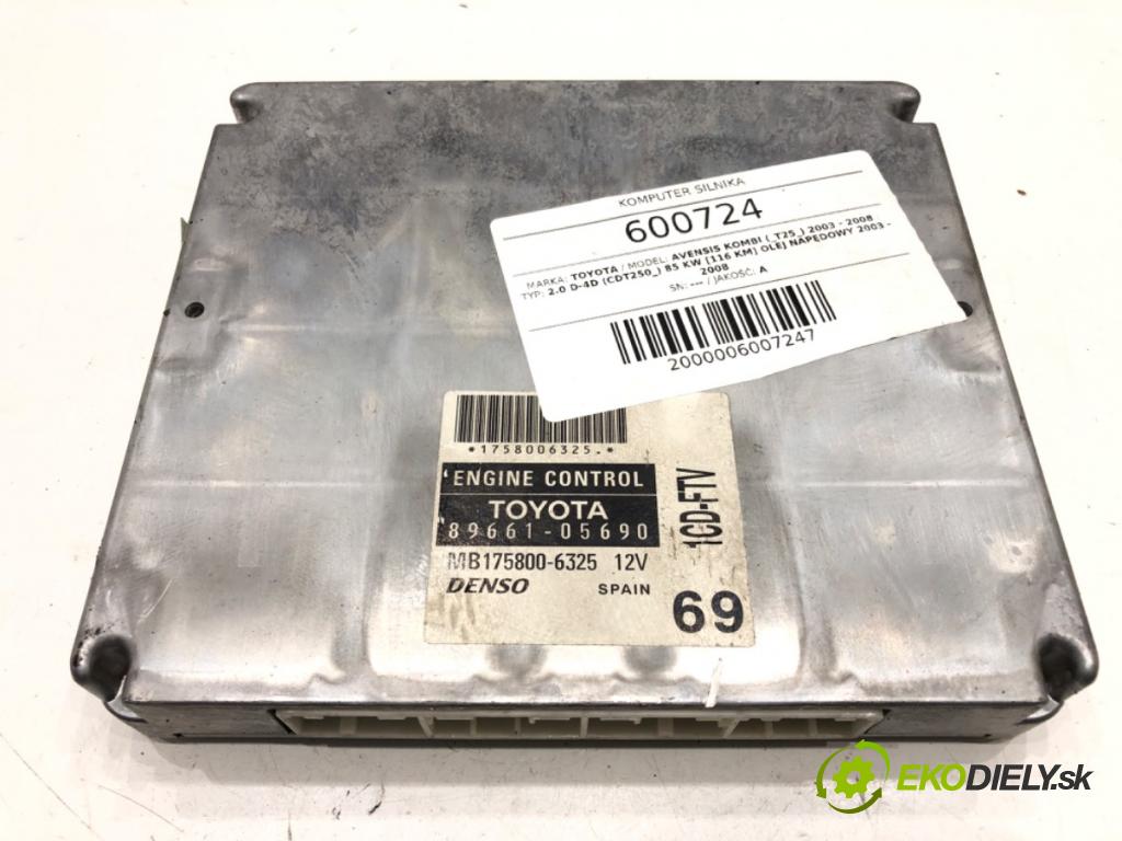 TOYOTA AVENSIS Kombi (_T25_) 2003 - 2008    2.0 D-4D (CDT250_) 85 kW [116 KM] olej napędowy 2003 - 2008  riadiaca jednotka Motor 89661-05690 (Riadiace jednotky)