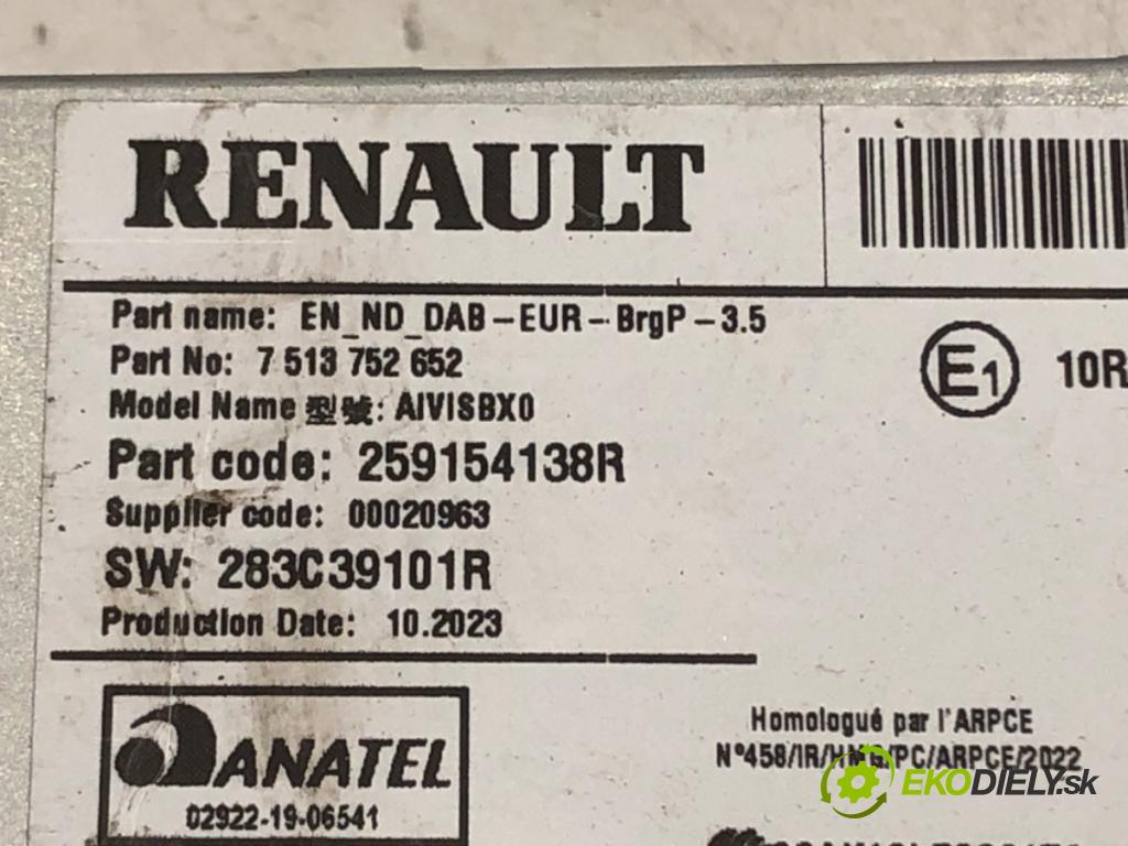 RENAULT CAPTUR II 2020 - 2022    TCe 140 (HFN0) 103 kW [140 KM] benzyna 2020 - 2022  RADIO Navigácia 259154138R (Audio zariadenia)