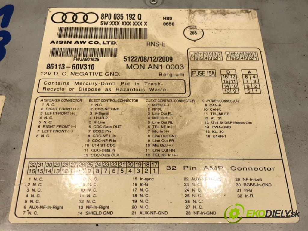 AUDI A3 (8P1) 2003 - 2013    2.0 TDI 103 kW [140 KM] olej napędowy 2005 - 2008  RADIO Navigácia 8P0035192Q (Audio zariadenia)