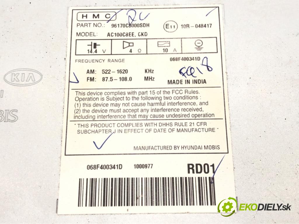 HYUNDAI i20 II (GB, IB) 2014 - 2022    1.1 CRDi 55 kW [75 KM] olej napędowy 2014 - 2022  RADIO 96170C80000SDH (Audio zariadenia)