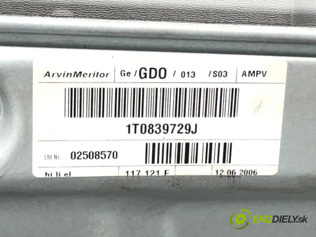 VW TOURAN (1T1, 1T2) 2003 - 2010    2.0 TDI 103 kW [140 KM] olej napędowy 2005 - 2010  mechanismus okna levý zadní část 1T0839729J